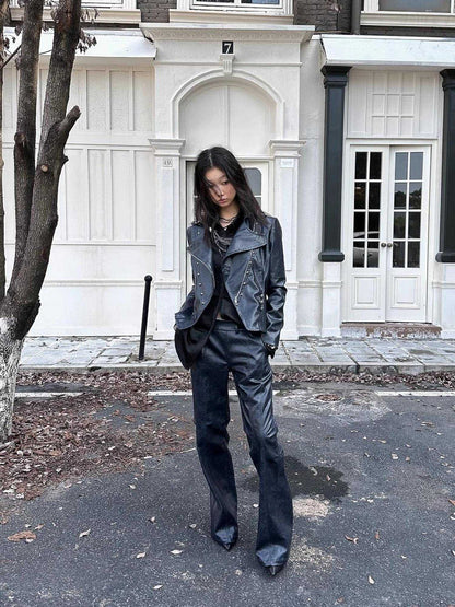 FULLTIDE Pu Leather Micro Flare Low Rise Original Design Navy Women Fashion Pants