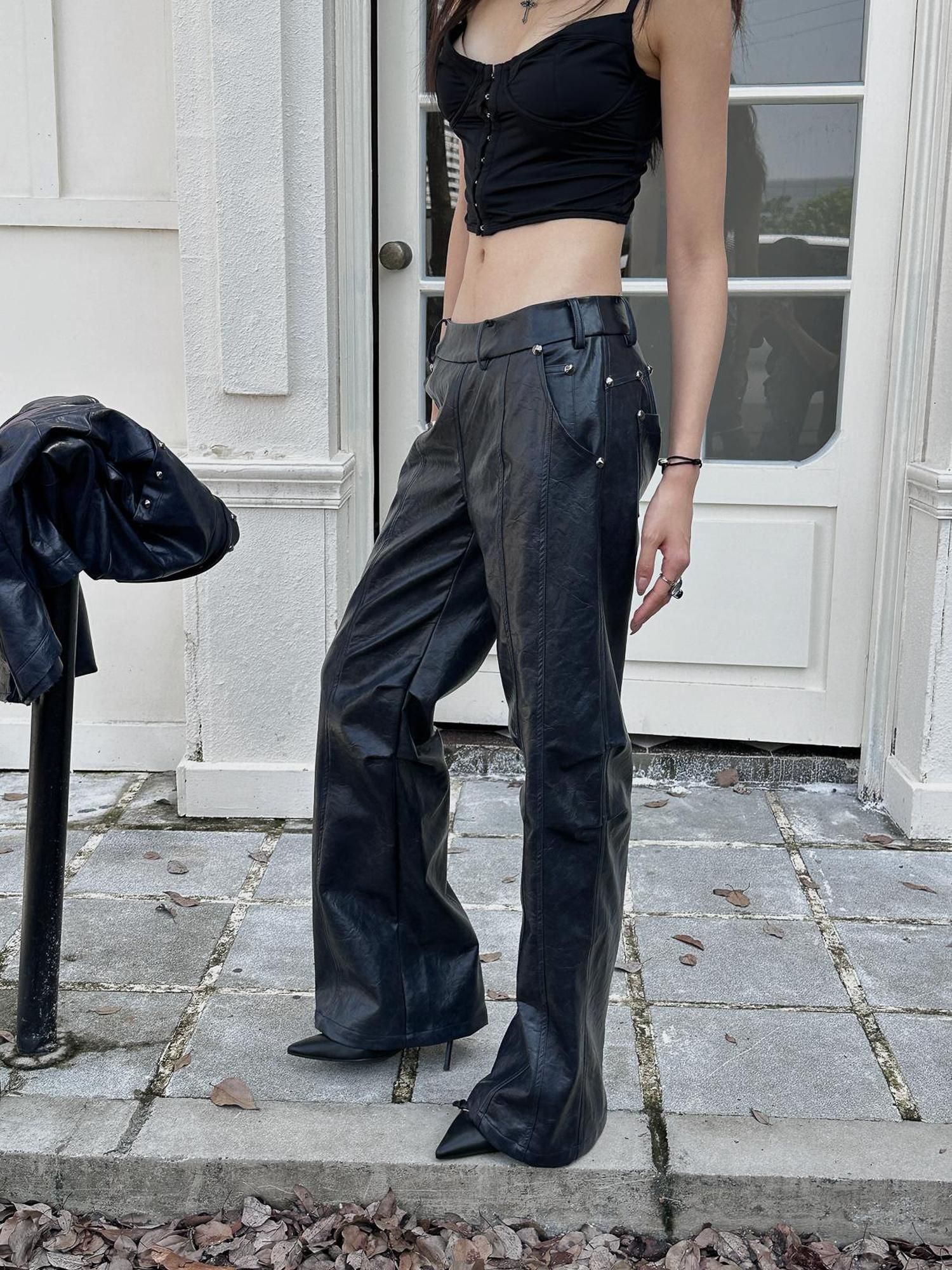 FULLTIDE Pu Leather Micro Flare Low Rise Original Design Navy Women Fashion Pants