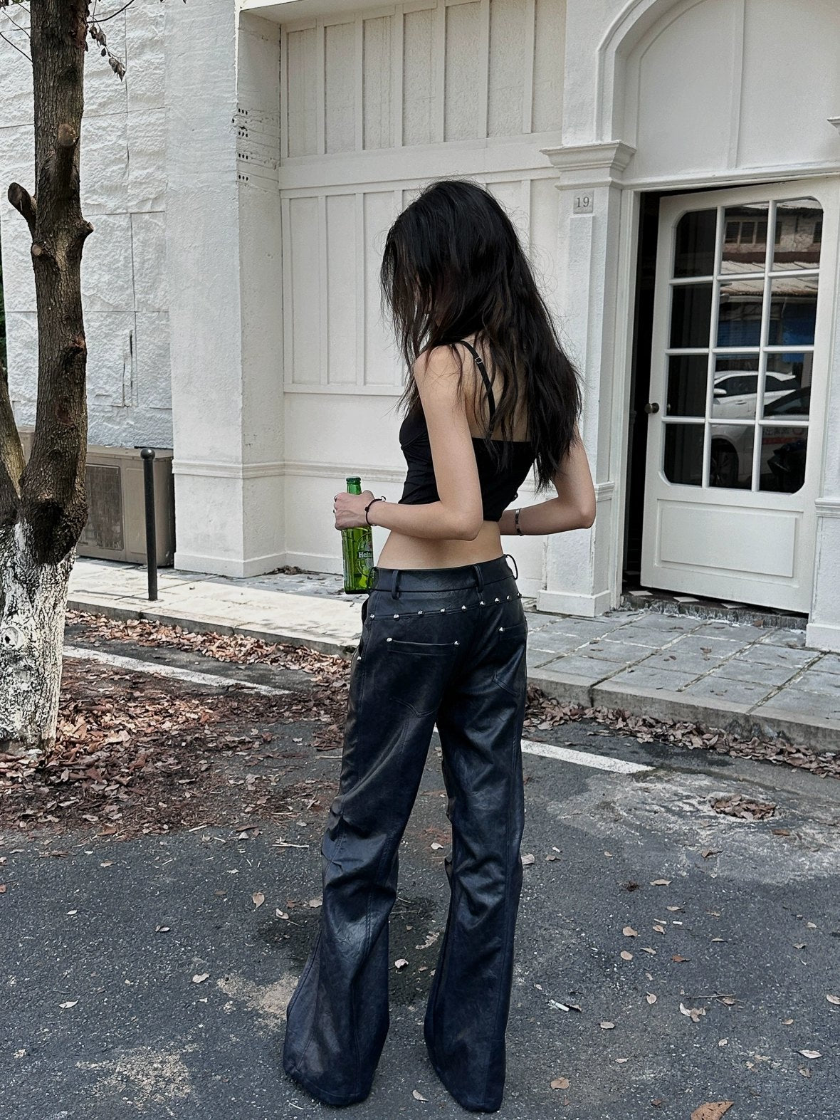 FULLTIDE Pu Leather Micro Flare Low Rise Original Design Navy Women Fashion Pants