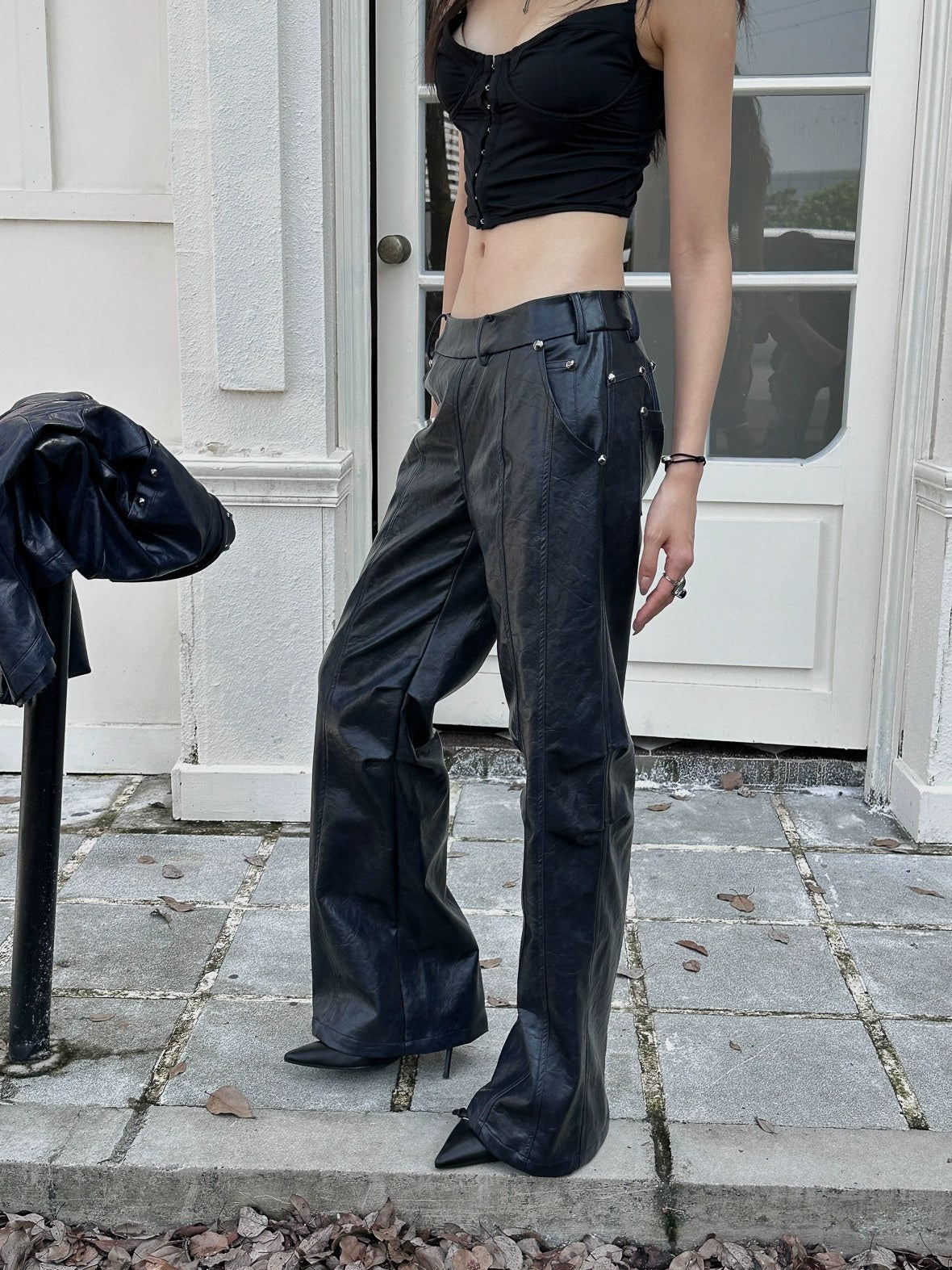 FULLTIDE Pu Leather Micro Flare Low Rise Original Design Navy Women Fashion Pants