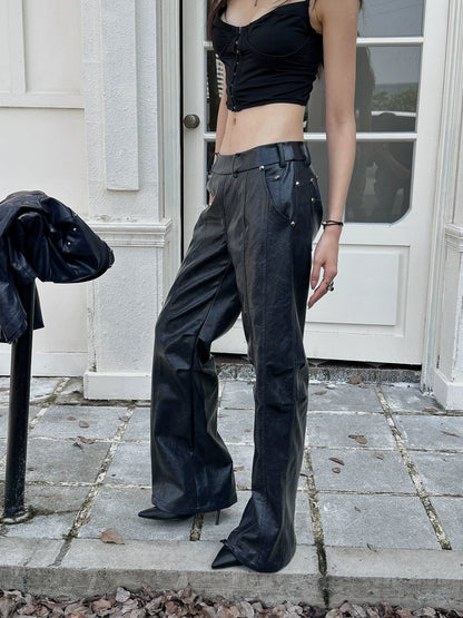 FULLTIDE Pu Leather Micro Flare Low Rise Original Design Navy Women Fashion Pants