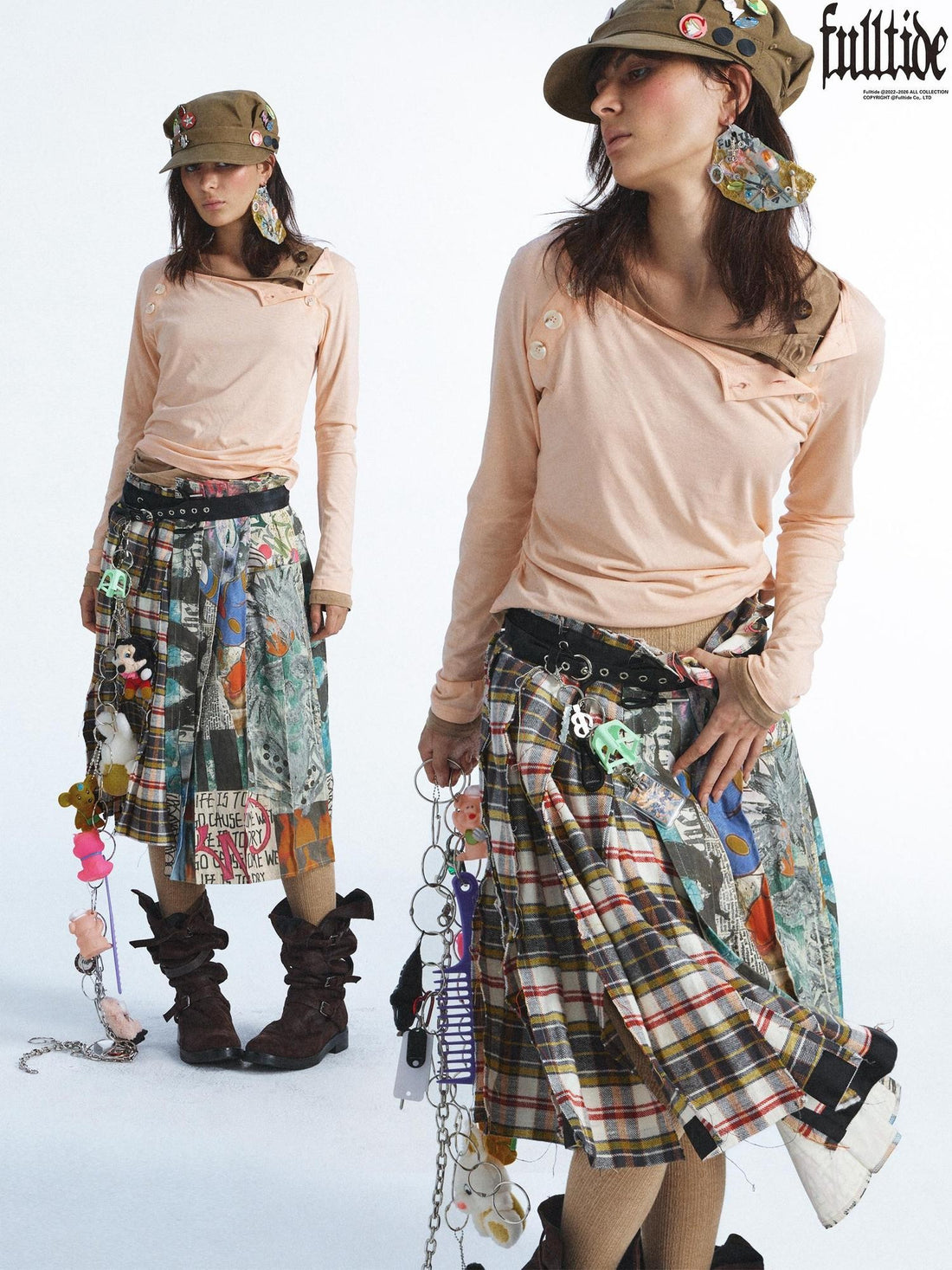 FULLTIDE Punk Plaid Graffiti Frayed Pleated Women&