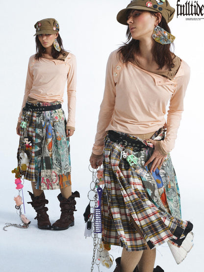FULLTIDE Punk Plaid Graffiti Frayed Pleated Women&