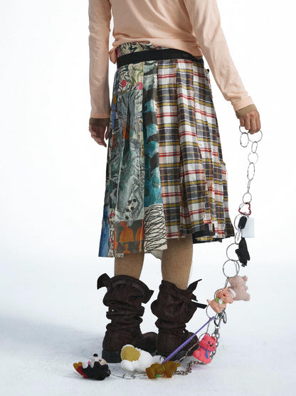 FULLTIDE Punk Plaid Graffiti Frayed Pleated Women&
