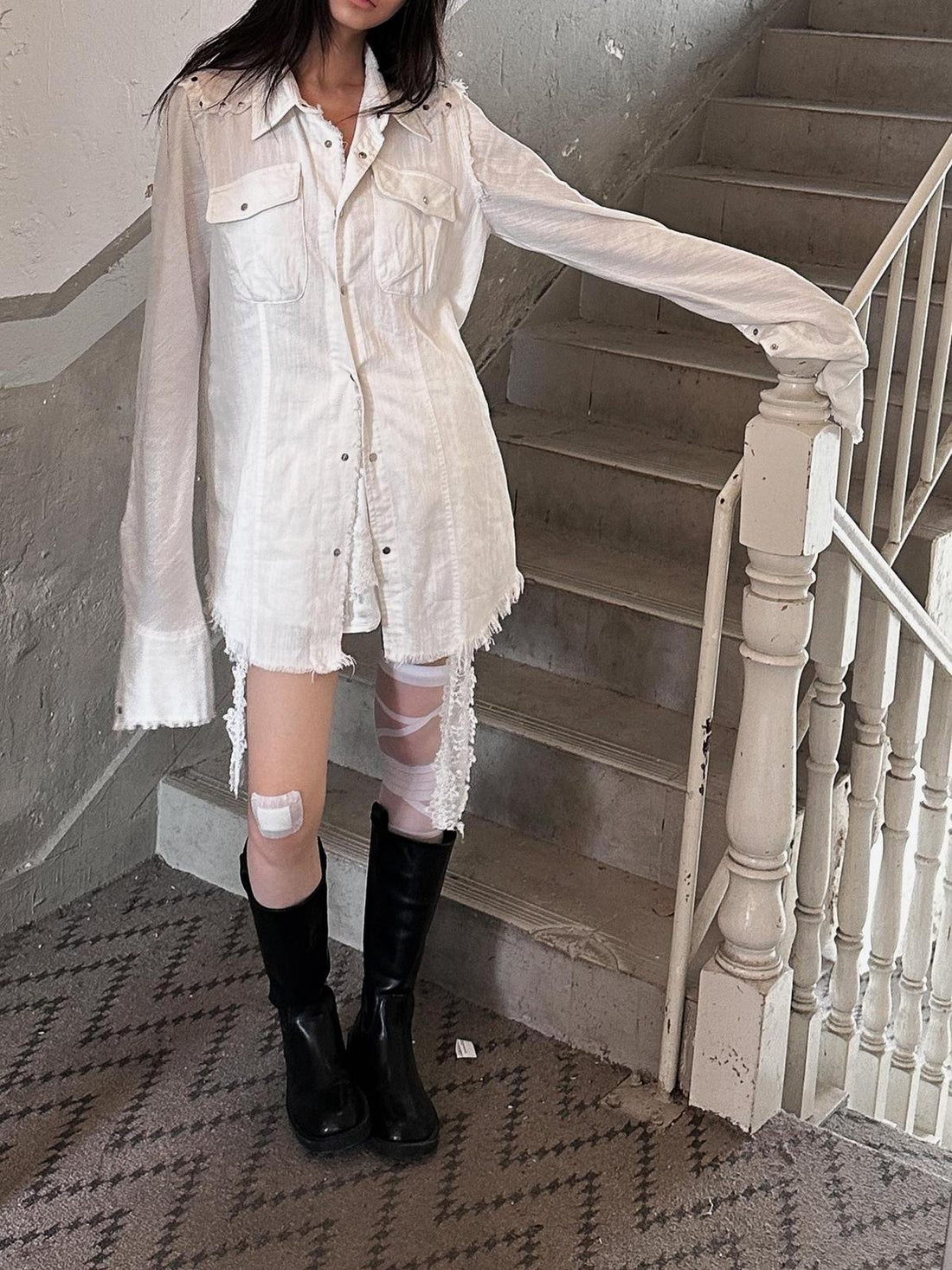 FULLTIDE Pure Cotton Breathable Casual Slim Square Neck Bell Sleeve Midlength Women Shirt