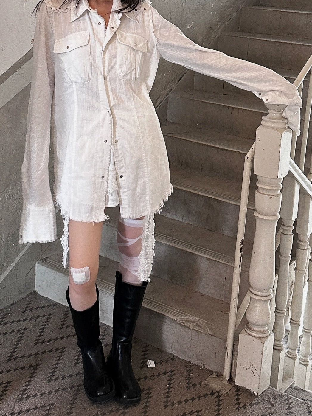 FULLTIDE Pure Cotton Breathable Casual Slim Square Neck Bell Sleeve Midlength Women Shirt