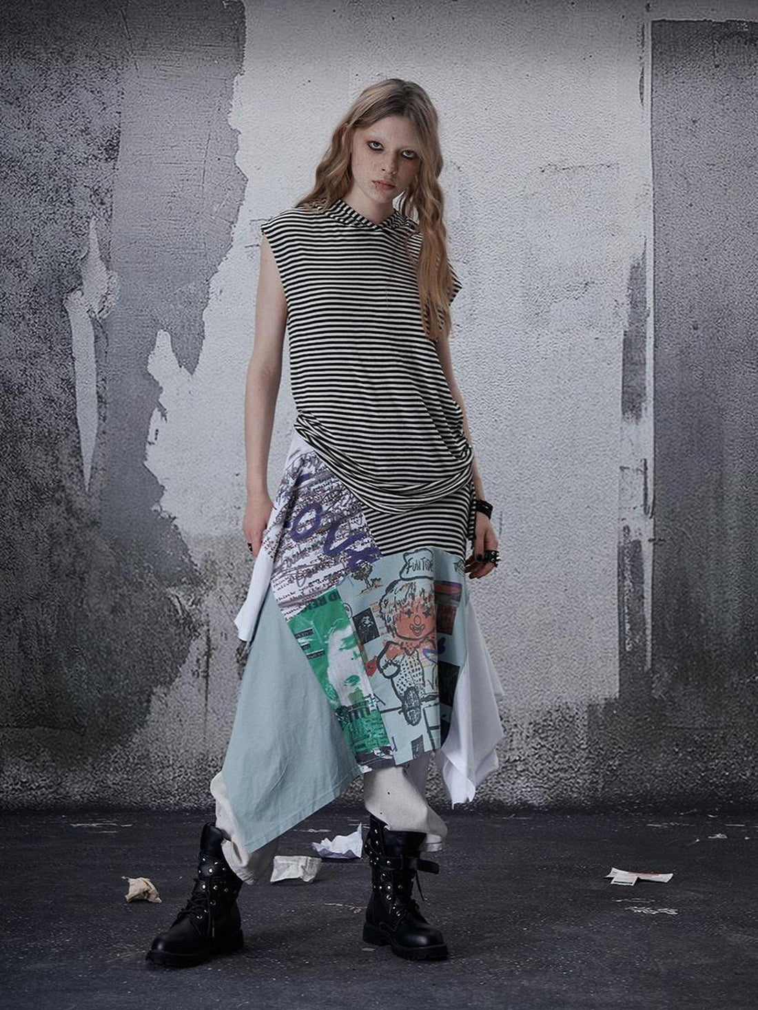 FULLTIDE Pure Cotton Vintage Striped Distressed Loose Round Neck Women T-Shirt