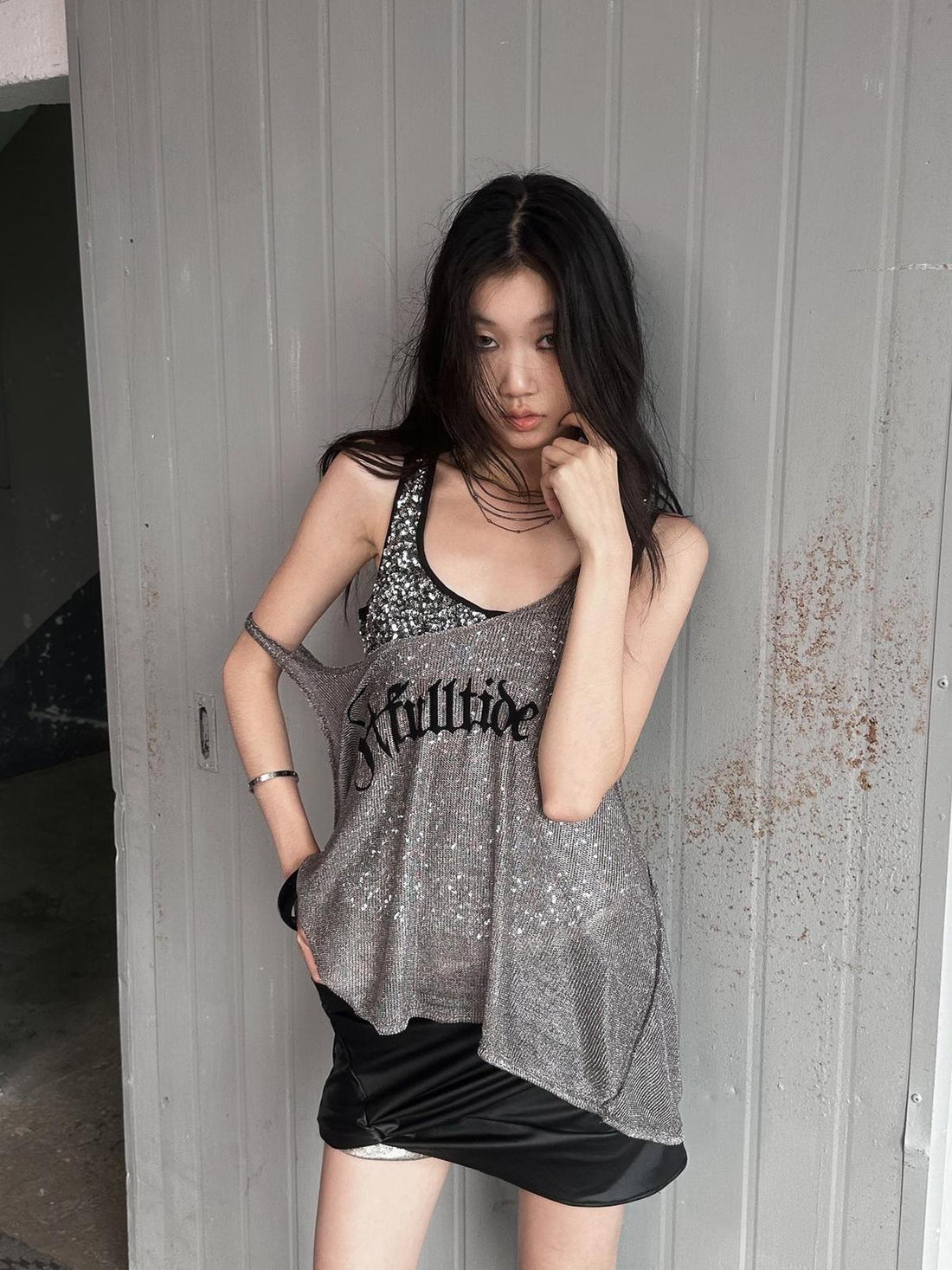 FULLTIDE Silver Slim Spaghetti Strap Street Style Women Polyester Tank Top