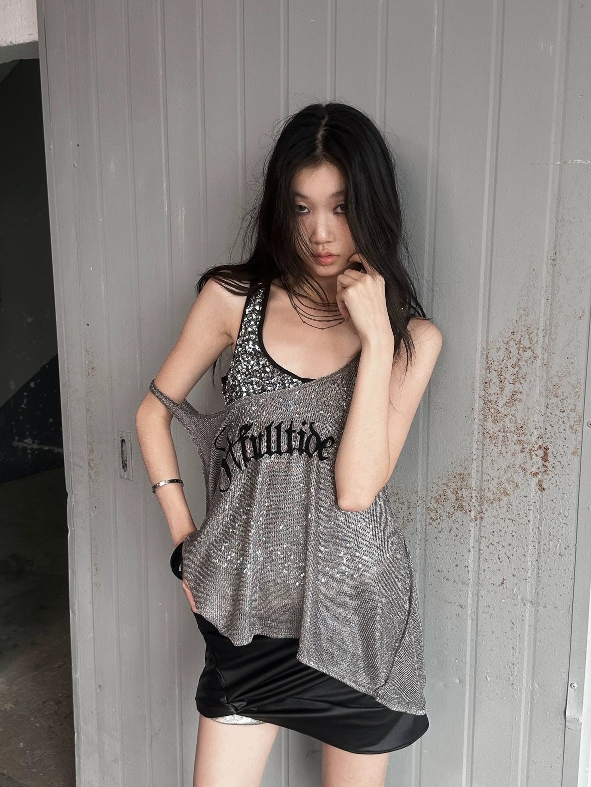 FULLTIDE Silver Slim Spaghetti Strap Street Style Women Polyester Tank Top