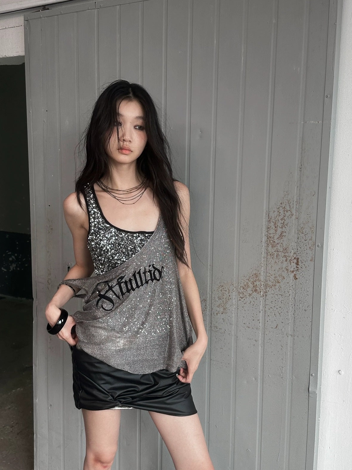 FULLTIDE Silver Slim Spaghetti Strap Street Style Women Polyester Tank Top