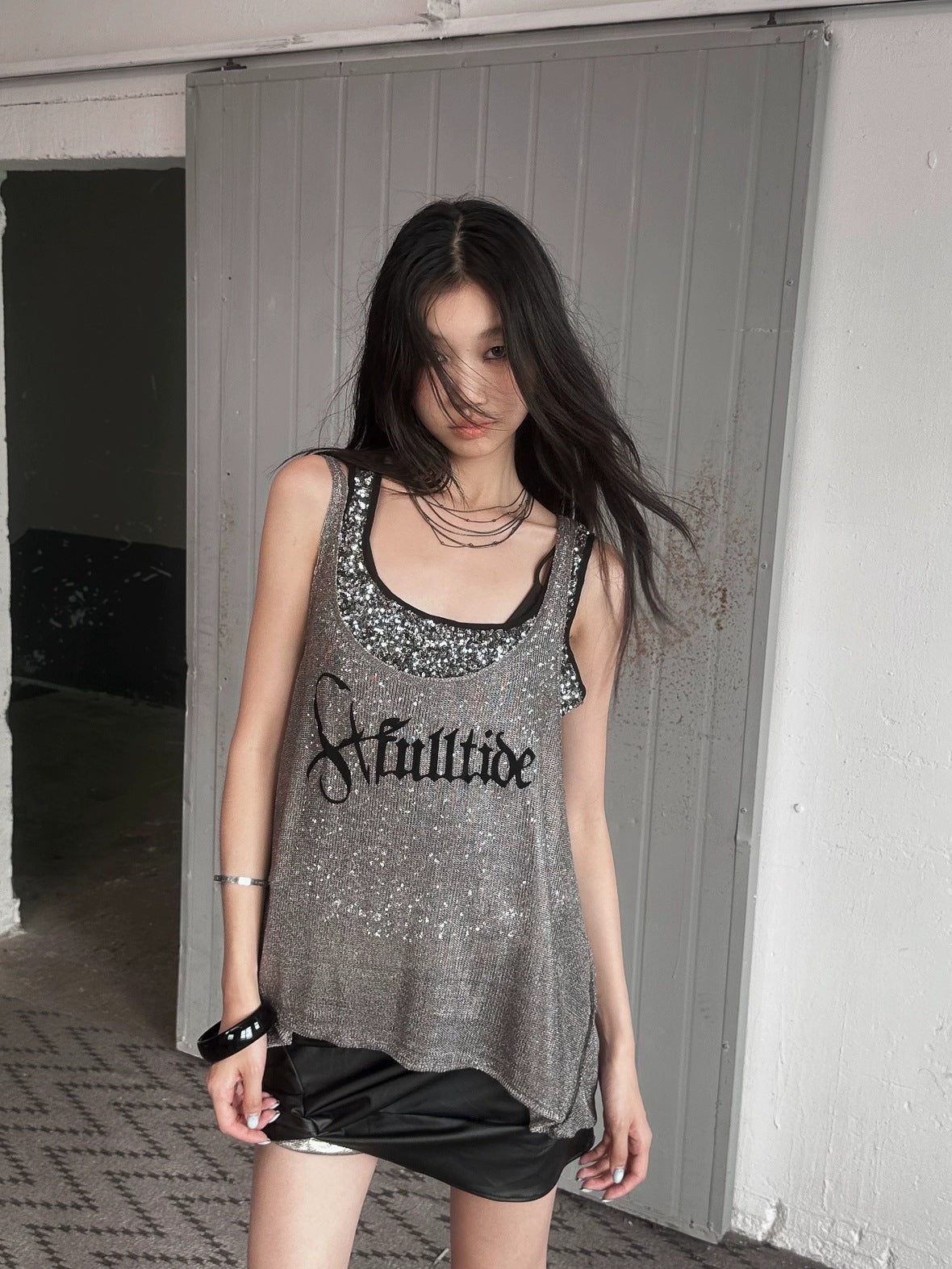 FULLTIDE Silver Slim Spaghetti Strap Street Style Women Polyester Tank Top