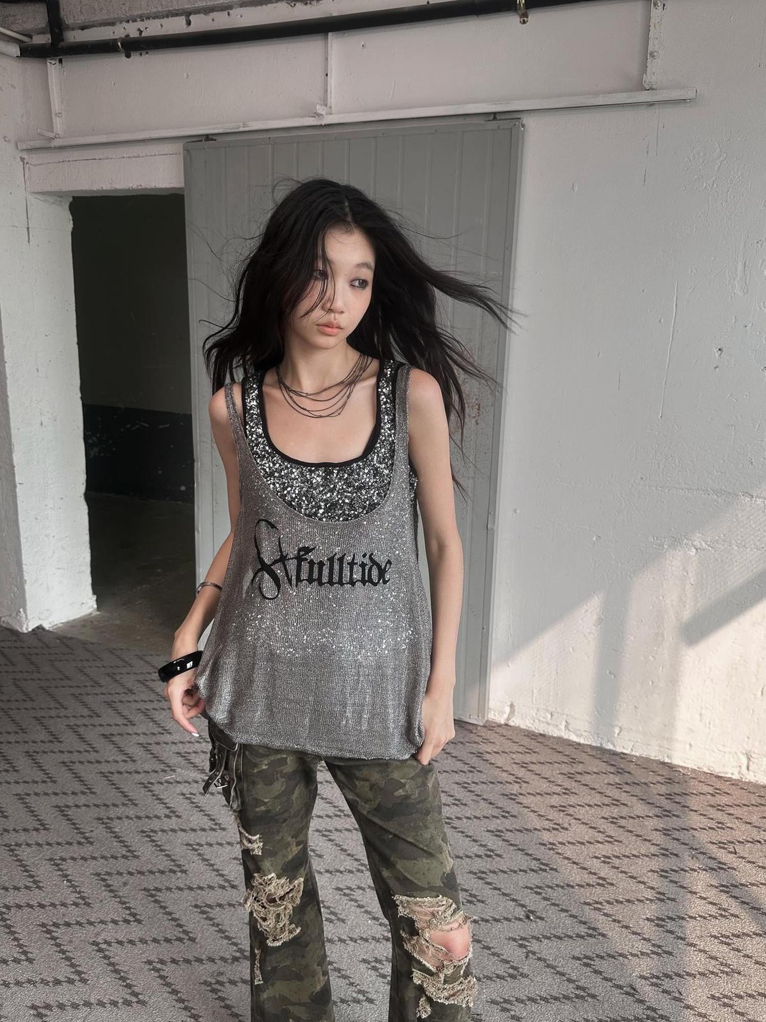 FULLTIDE Silver Slim Spaghetti Strap Street Style Women Polyester Tank Top