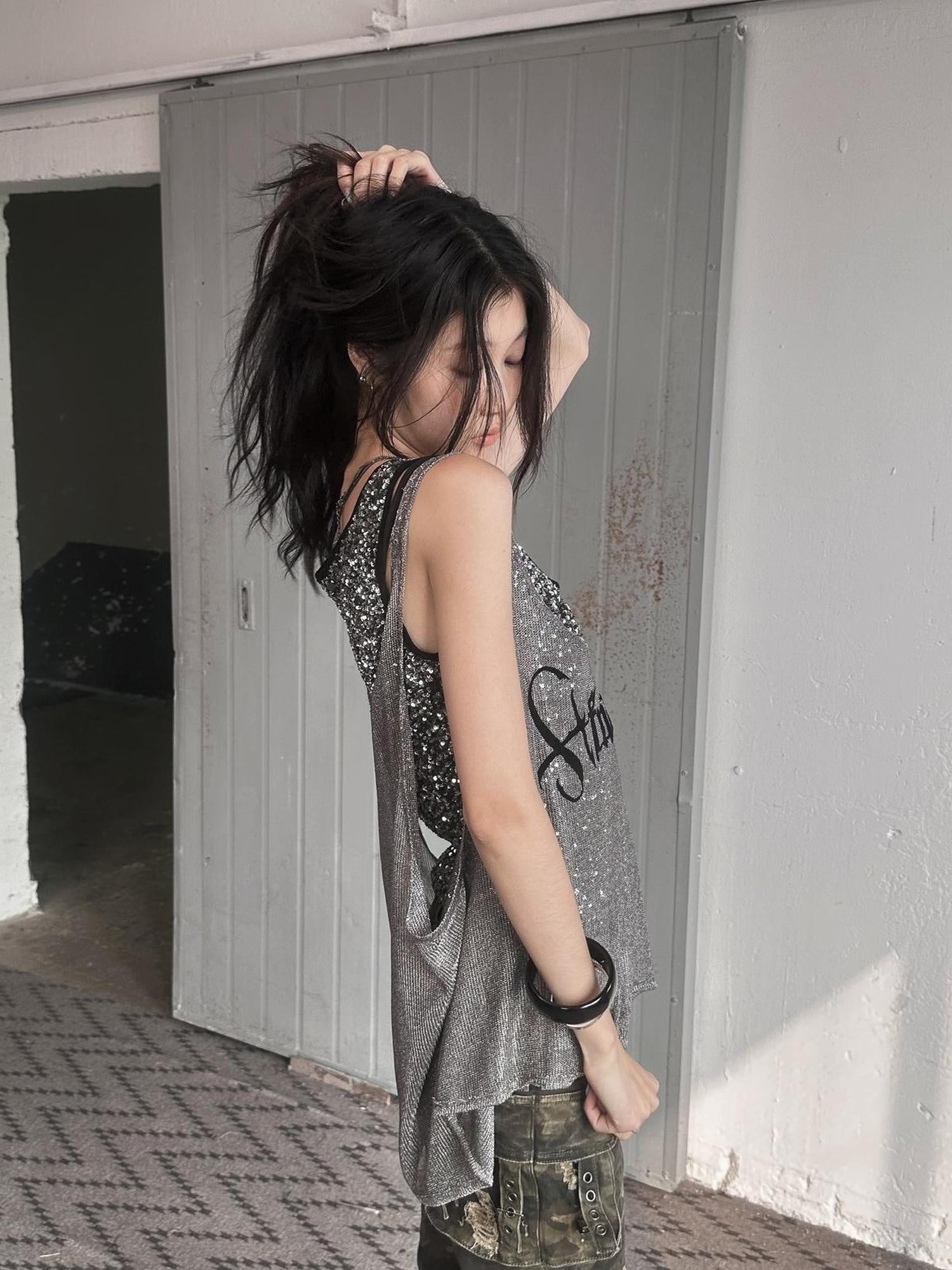 FULLTIDE Silver Slim Spaghetti Strap Street Style Women Polyester Tank Top