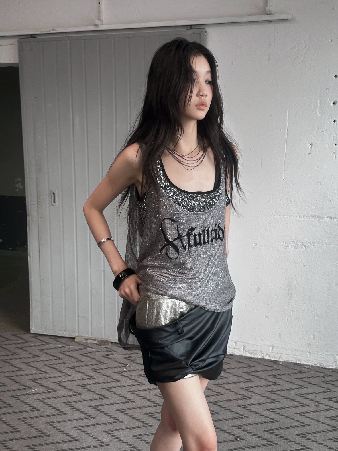 FULLTIDE Silver Slim Spaghetti Strap Street Style Women Polyester Tank Top