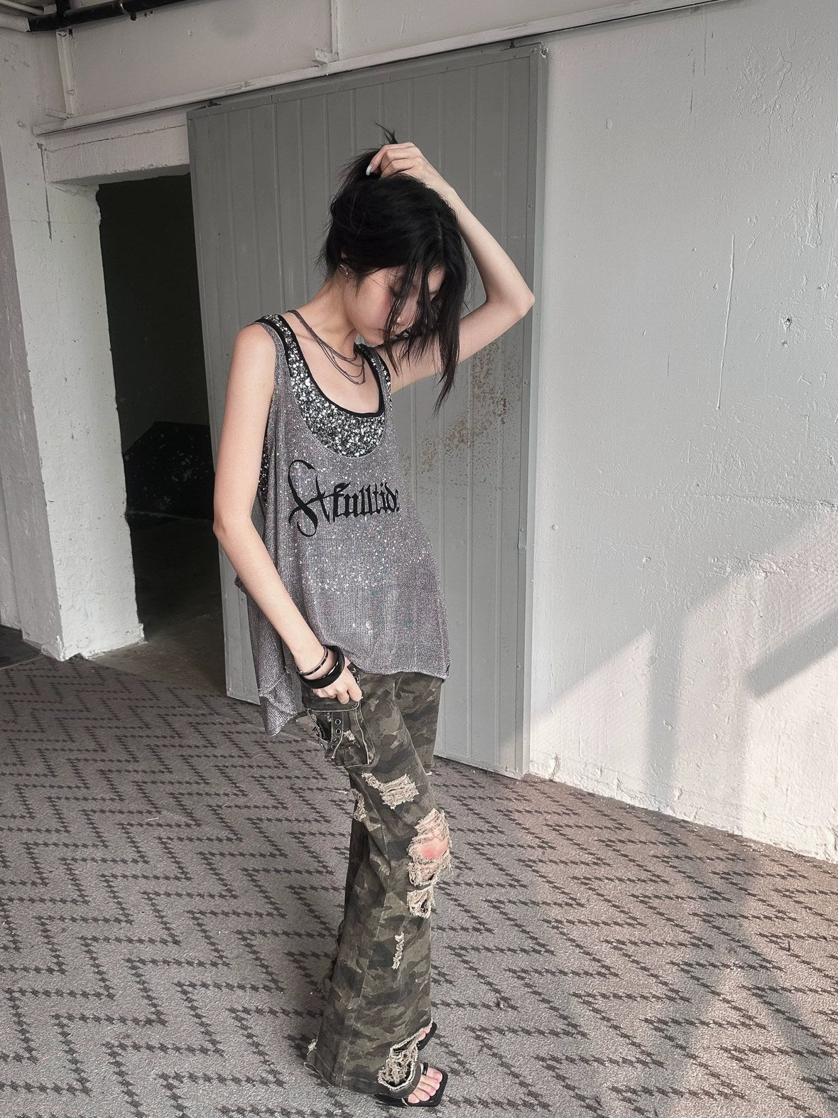 FULLTIDE Silver Slim Spaghetti Strap Street Style Women Polyester Tank Top