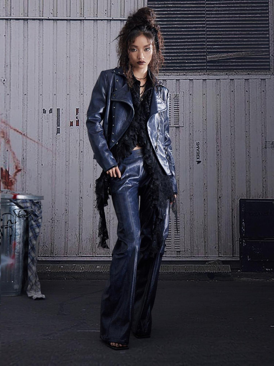 FULLTIDE Sleek Navy Pu Low Waist Micro Flare Original Design Women Leather Pants