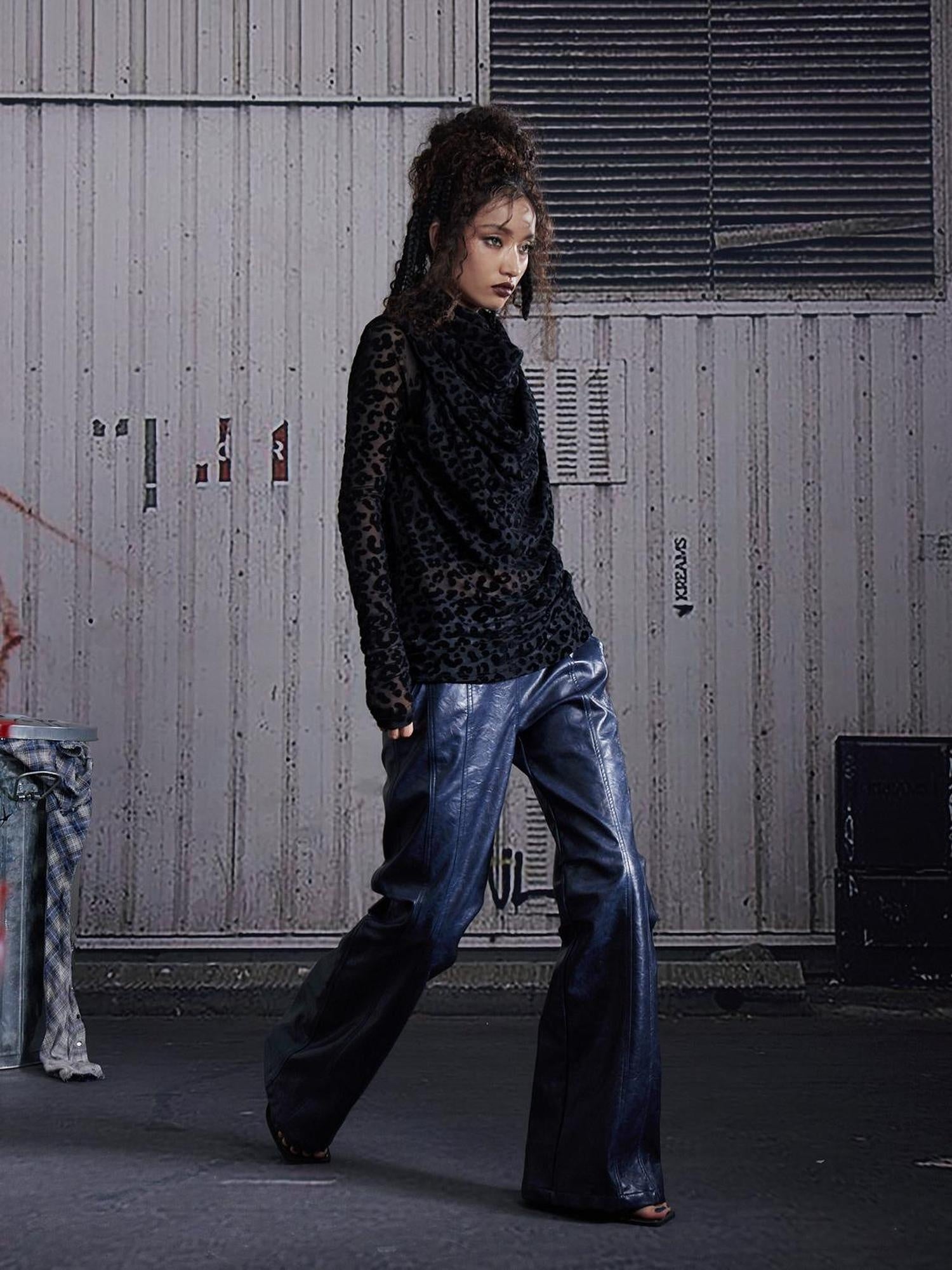 FULLTIDE Sleek Navy Pu Low Waist Micro Flare Original Design Women Leather Pants