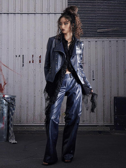 FULLTIDE Sleek Navy Pu Low Waist Micro Flare Original Design Women Leather Pants