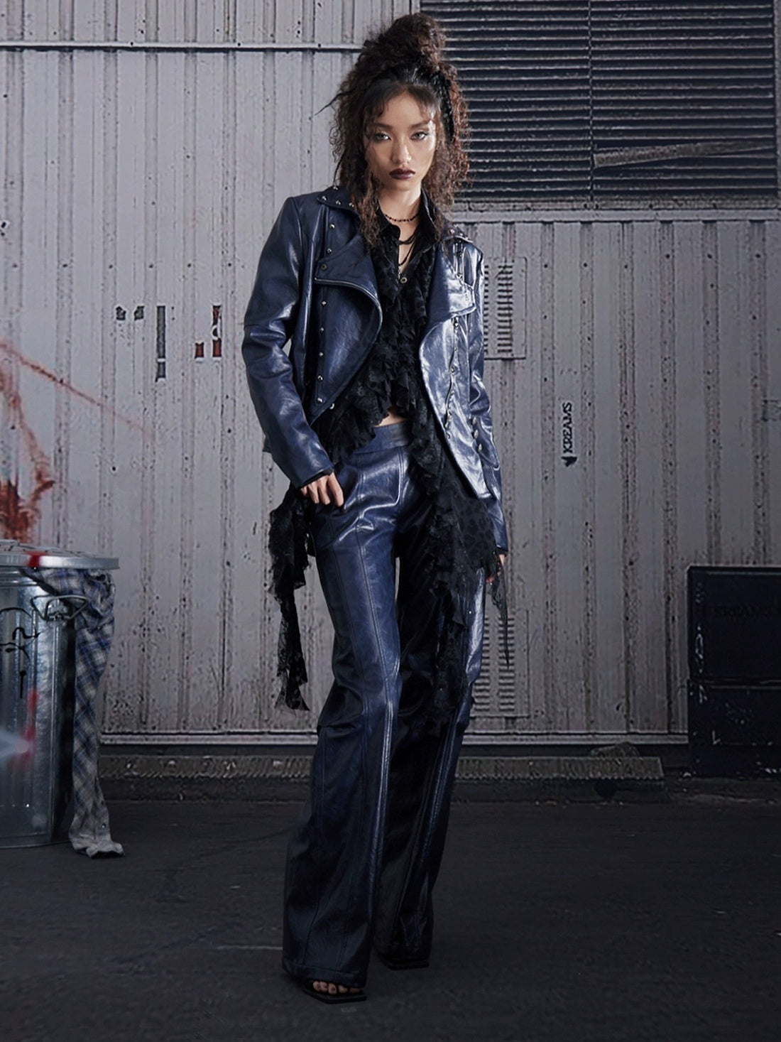 FULLTIDE Sleek Navy Pu Low Waist Micro Flare Original Design Women Leather Pants