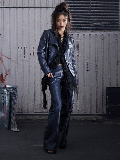 FULLTIDE Sleek Navy Pu Low Waist Micro Flare Original Design Women Leather Pants