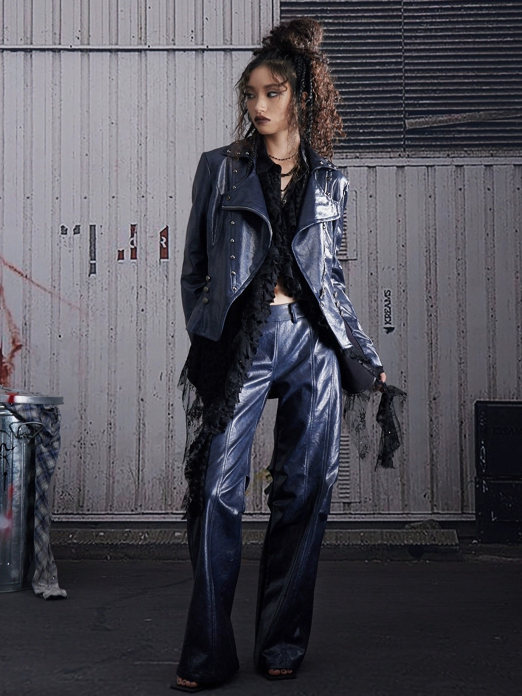 FULLTIDE Sleek Navy Pu Low Waist Micro Flare Original Design Women Leather Pants