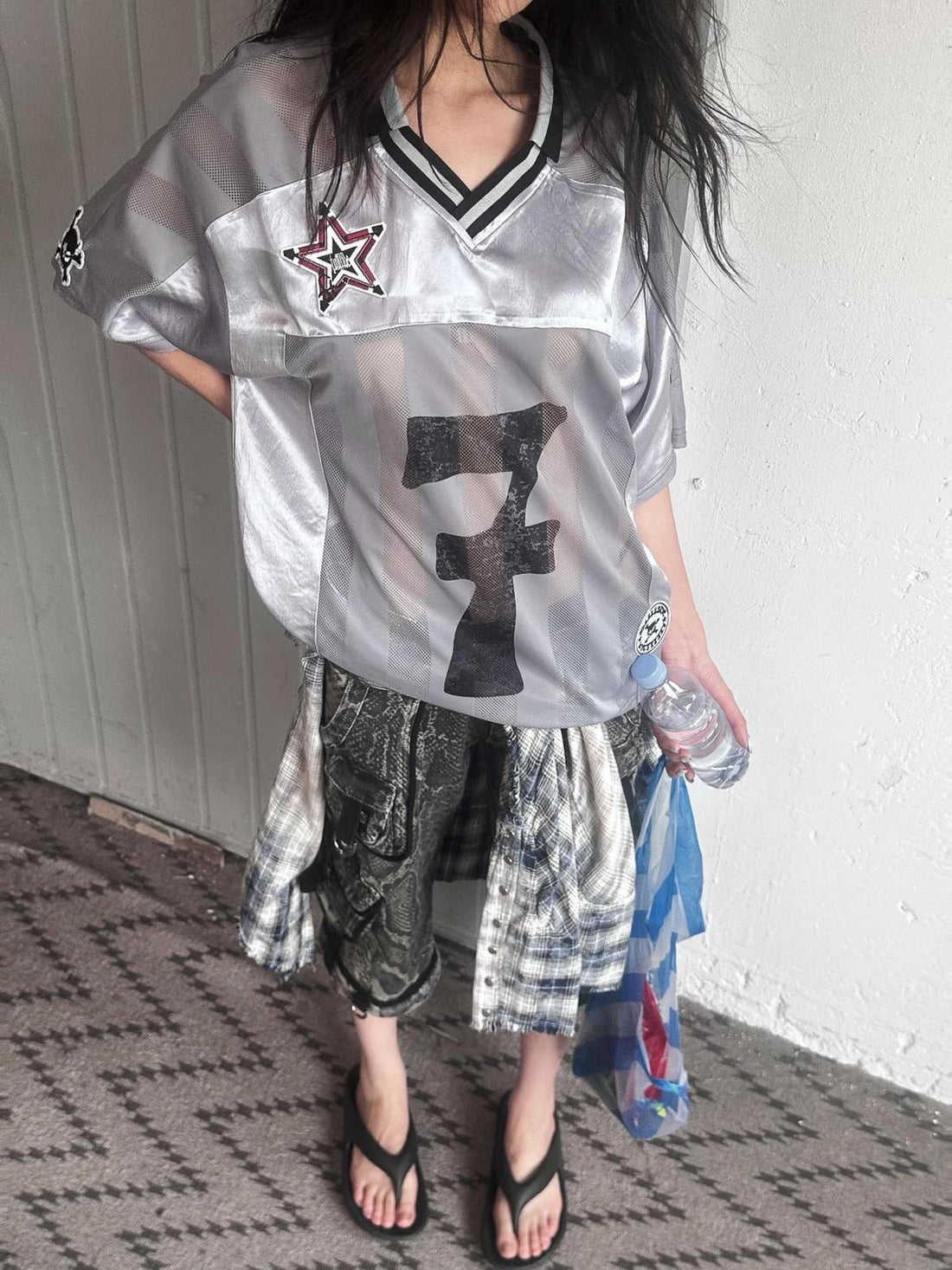 FULLTIDE Slim Hot Girl Crewneck Mid Length Women Striped Patchwork Triacetate T-Shirt