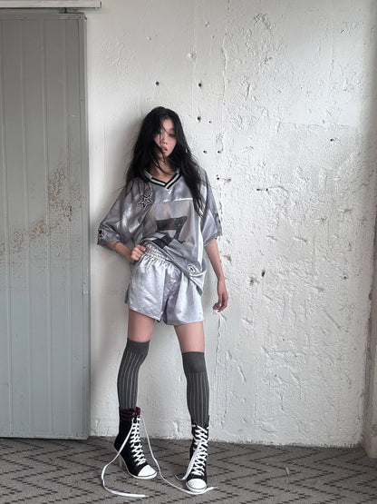 FULLTIDE Slim Hot Girl Crewneck Mid Length Women Striped Patchwork Triacetate T-Shirt