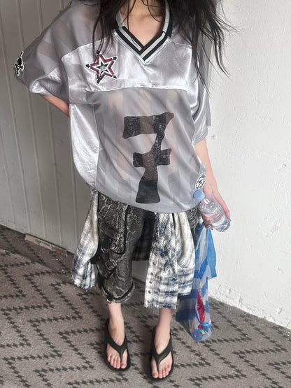 FULLTIDE Slim Hot Girl Crewneck Mid Length Women Striped Patchwork Triacetate T-Shirt