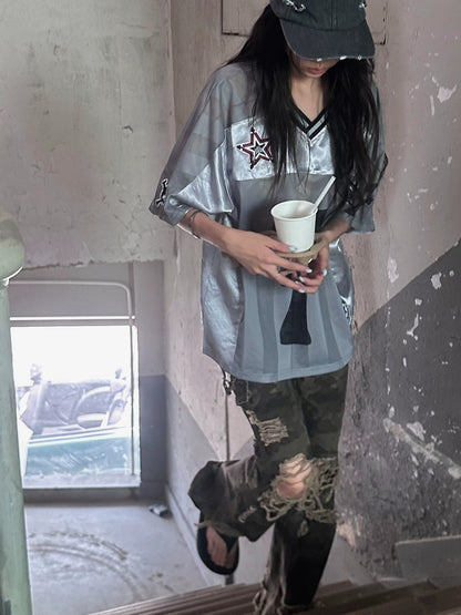 FULLTIDE Slim Hot Girl Crewneck Mid Length Women Striped Patchwork Triacetate T-Shirt