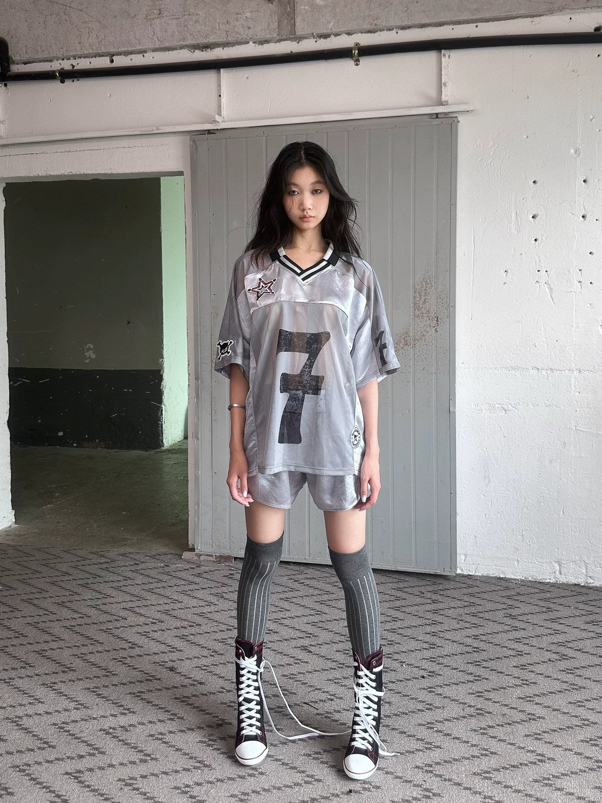 FULLTIDE Slim Hot Girl Crewneck Mid Length Women Striped Patchwork Triacetate T-Shirt