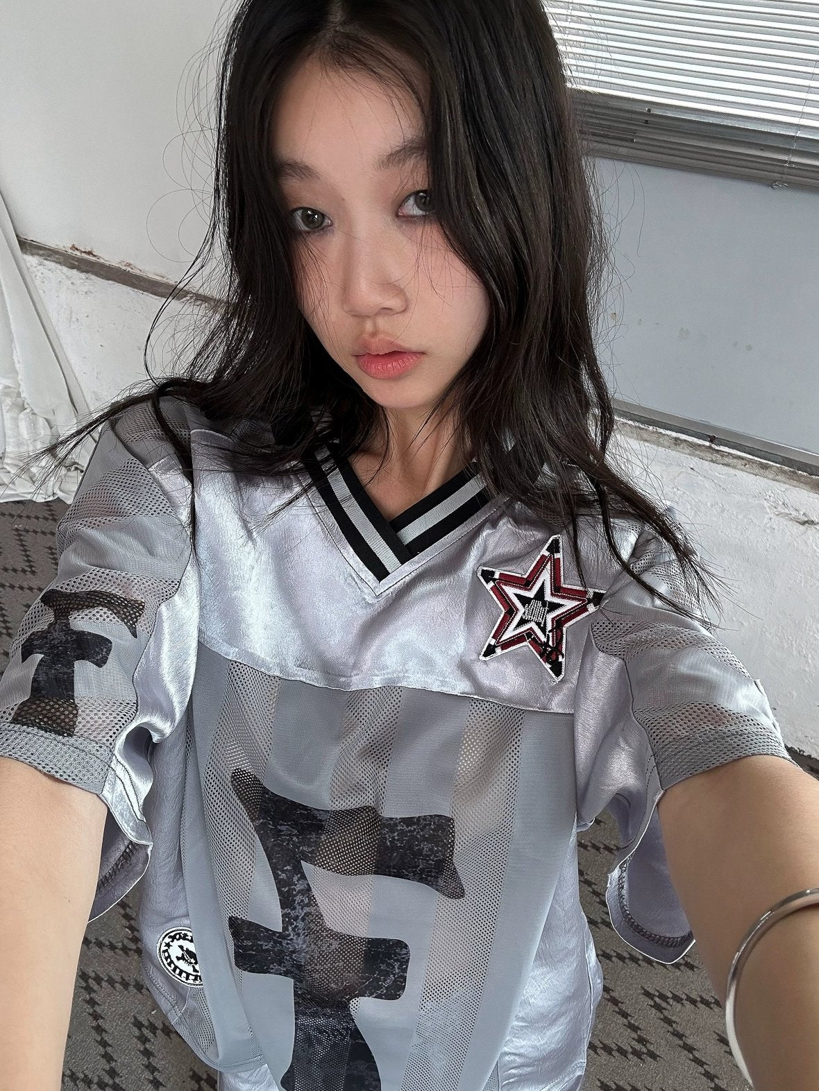 FULLTIDE Slim Hot Girl Crewneck Mid Length Women Striped Patchwork Triacetate T-Shirt