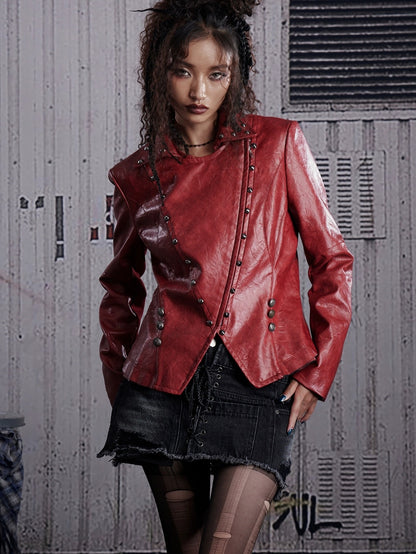 FULLTIDE Slim Pu Zipper Cropped Street Style Blazer Collar Women Navy Burgundy Jacket