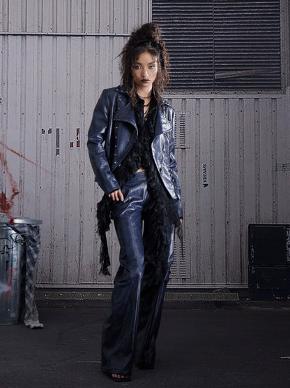 FULLTIDE Slim Pu Zipper Cropped Street Style Blazer Collar Women Navy Burgundy Jacket