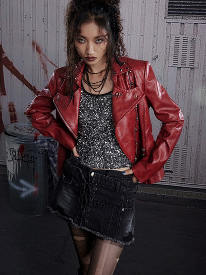 FULLTIDE Slim Pu Zipper Cropped Street Style Blazer Collar Women Navy Burgundy Jacket