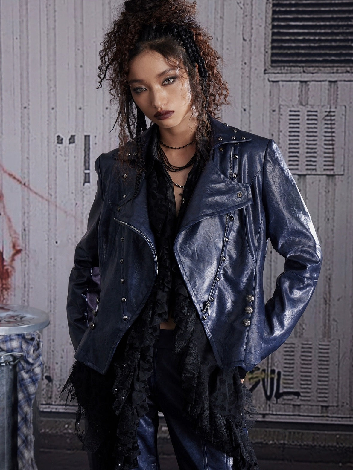 FULLTIDE Slim Pu Zipper Cropped Street Style Blazer Collar Women Navy Burgundy Jacket