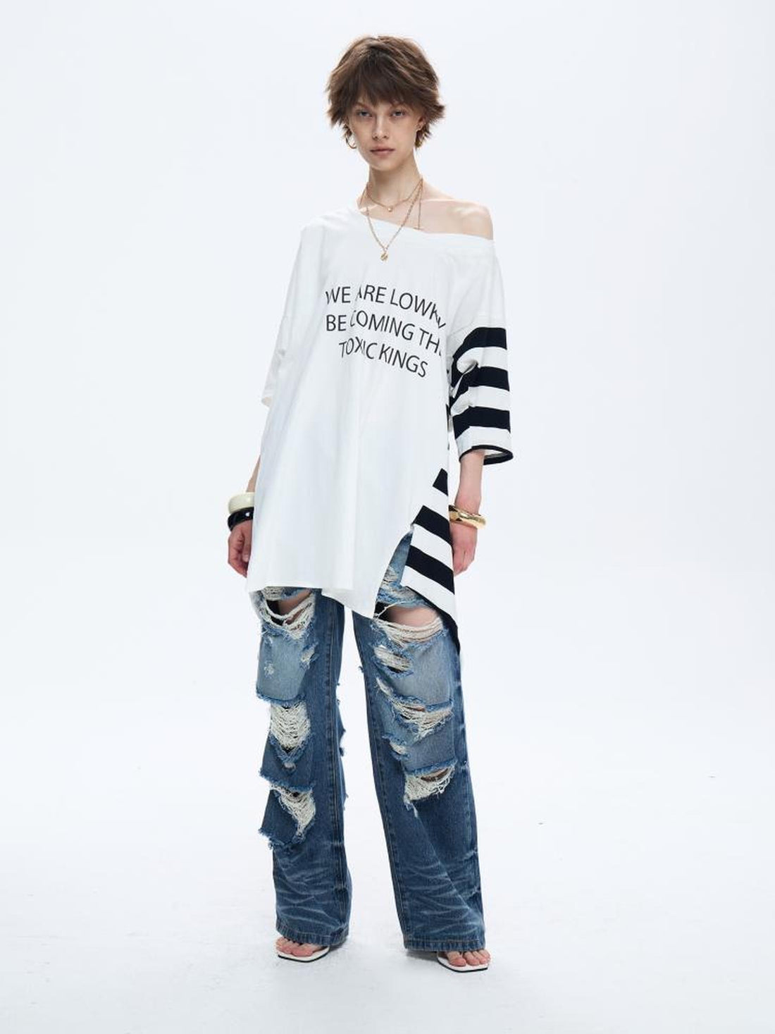 FULLTIDE Soft 100 Percent Cotton Striped Peplum Hem Slanted Neck Casual Women T-Shirt