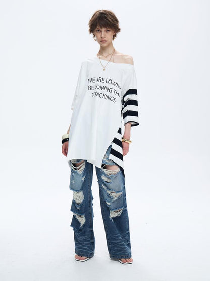 FULLTIDE Soft 100 Percent Cotton Striped Peplum Hem Slanted Neck Casual Women T-Shirt