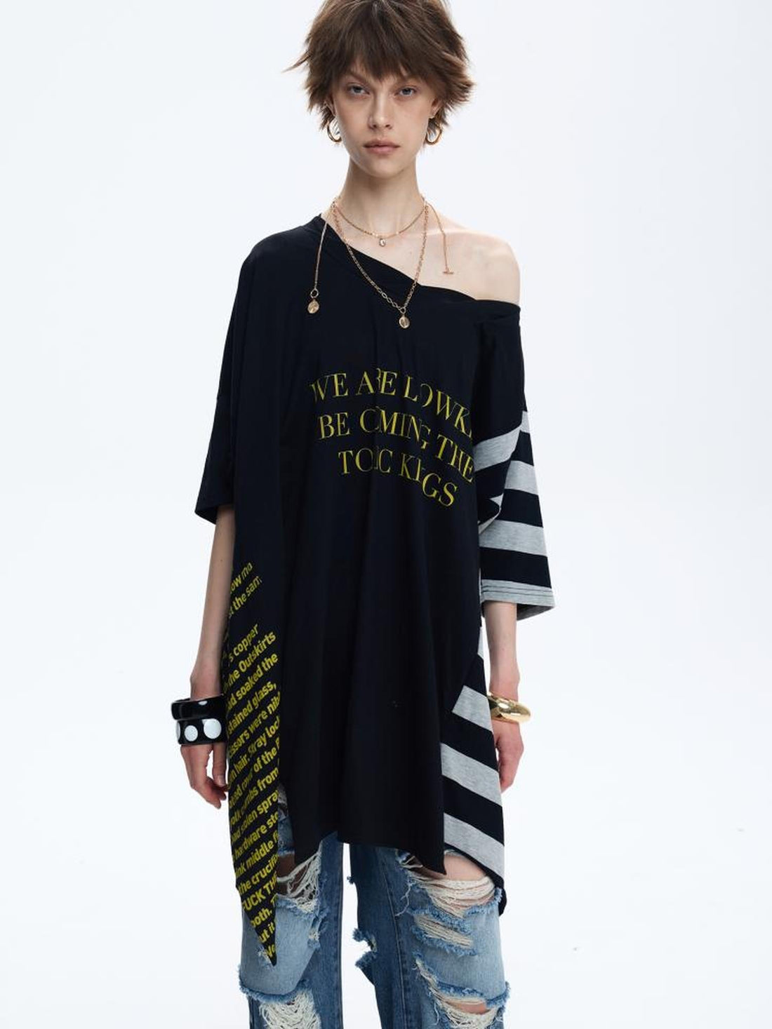 FULLTIDE Soft 100 Percent Cotton Striped Peplum Hem Slanted Neck Casual Women T-Shirt