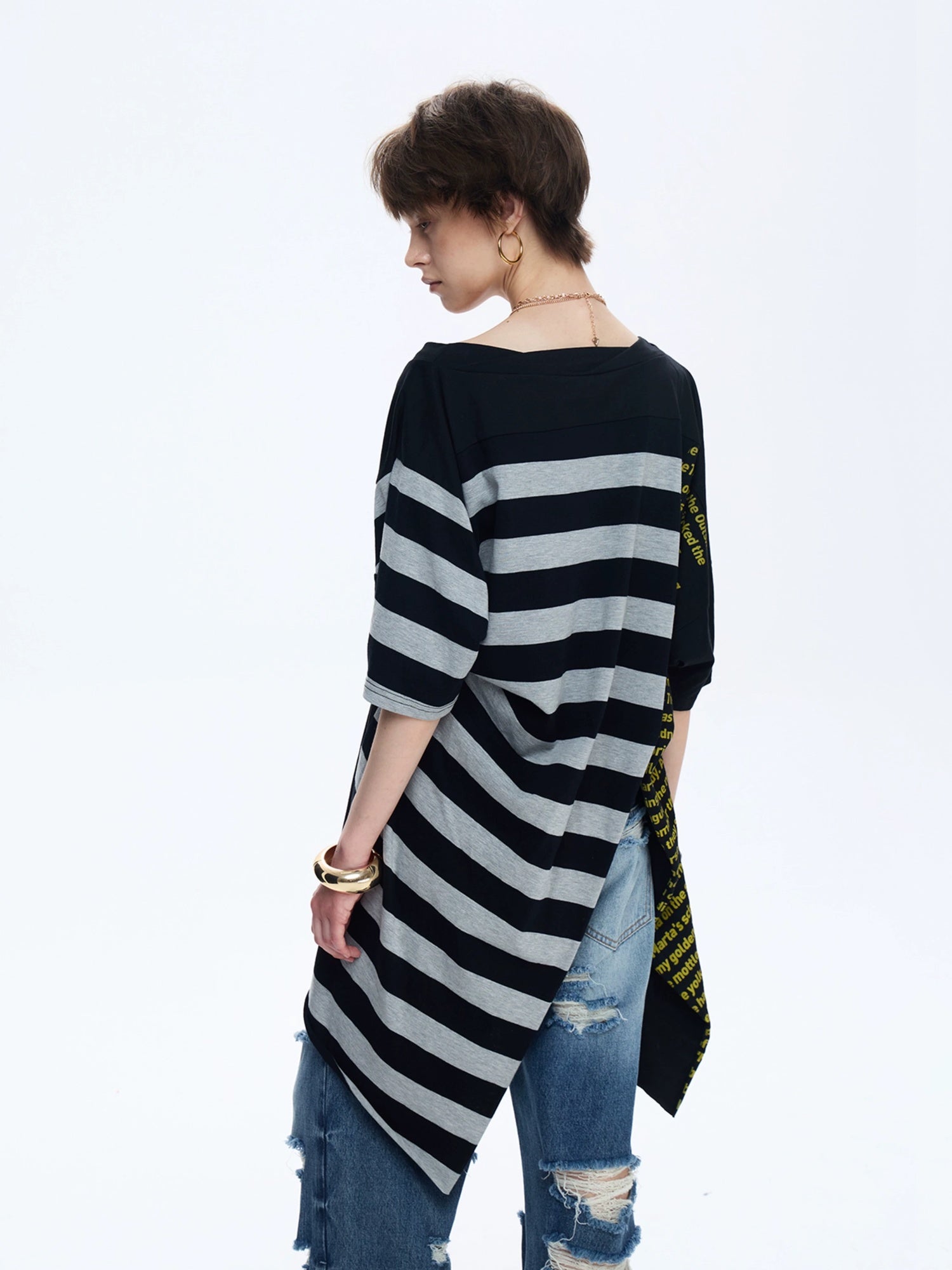 FULLTIDE Soft 100 Percent Cotton Striped Peplum Hem Slanted Neck Casual Women T-Shirt