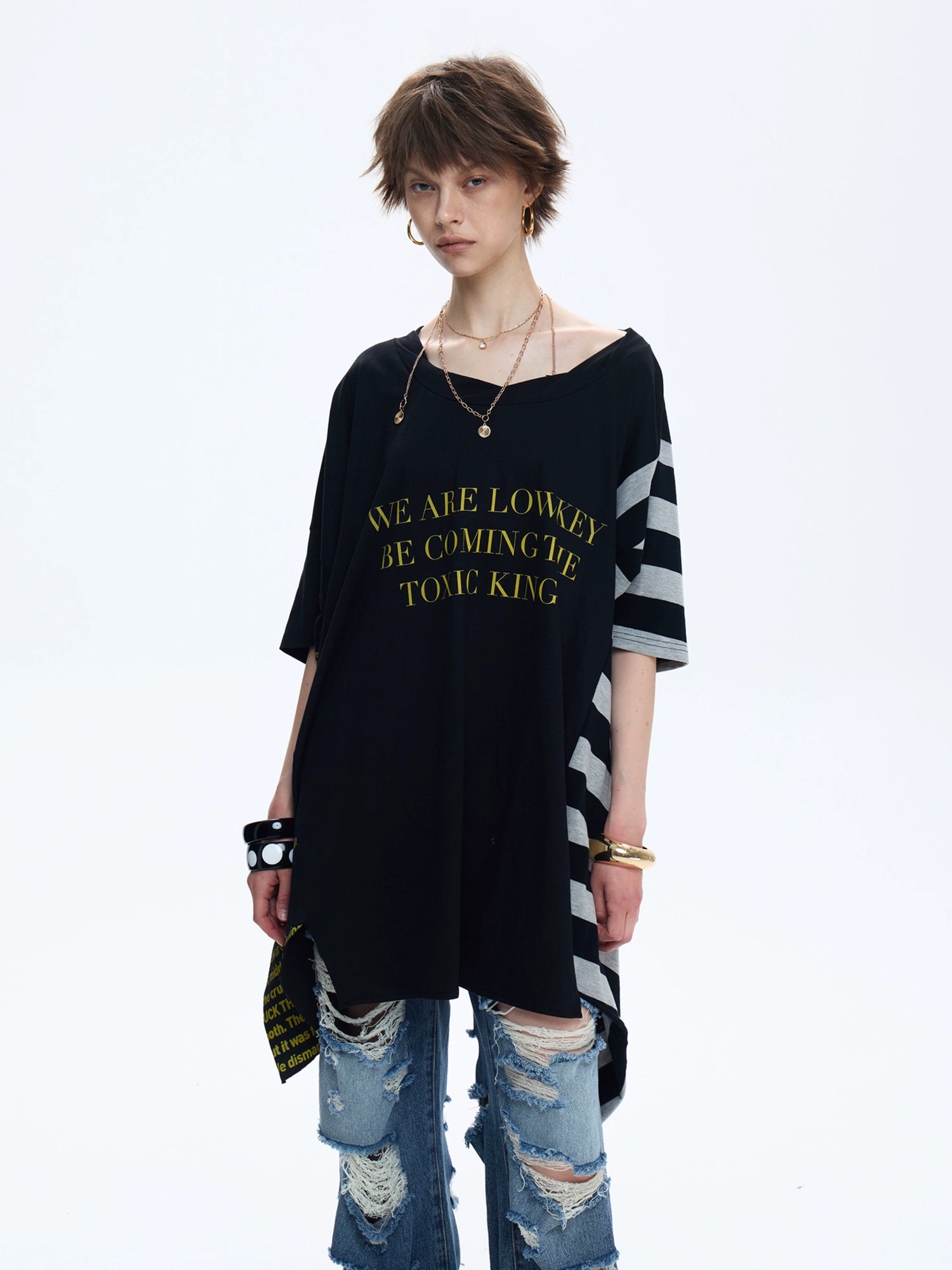 FULLTIDE Soft 100 Percent Cotton Striped Peplum Hem Slanted Neck Casual Women T-Shirt