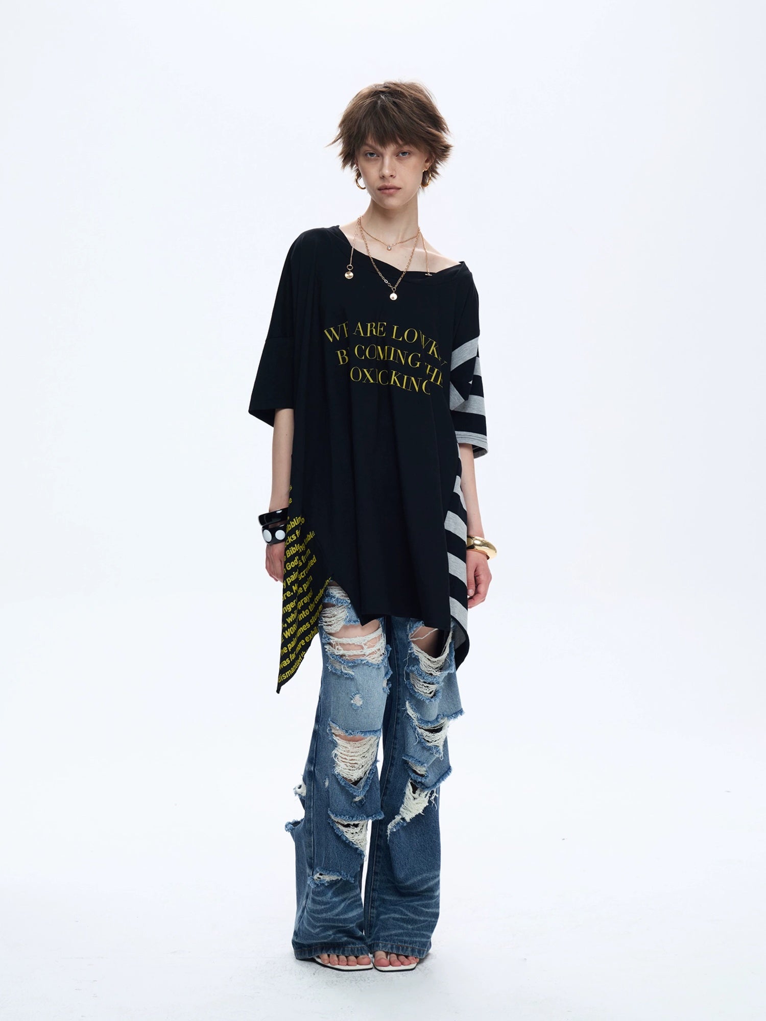 FULLTIDE Soft 100 Percent Cotton Striped Peplum Hem Slanted Neck Casual Women T-Shirt