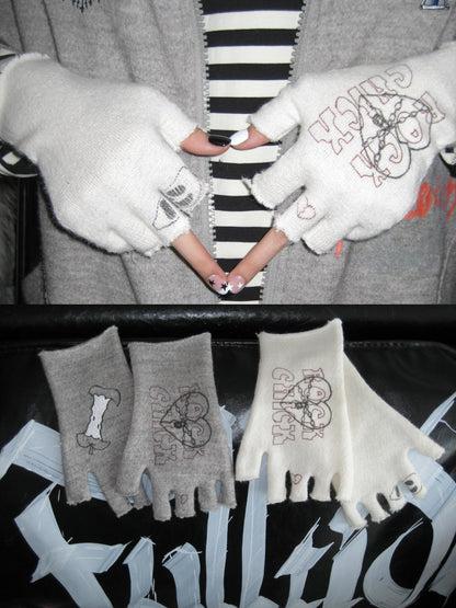 FULLTIDE Soft Knit Half Finger Gloves Unisex Young Adults Neutral Beige Gray Accessories