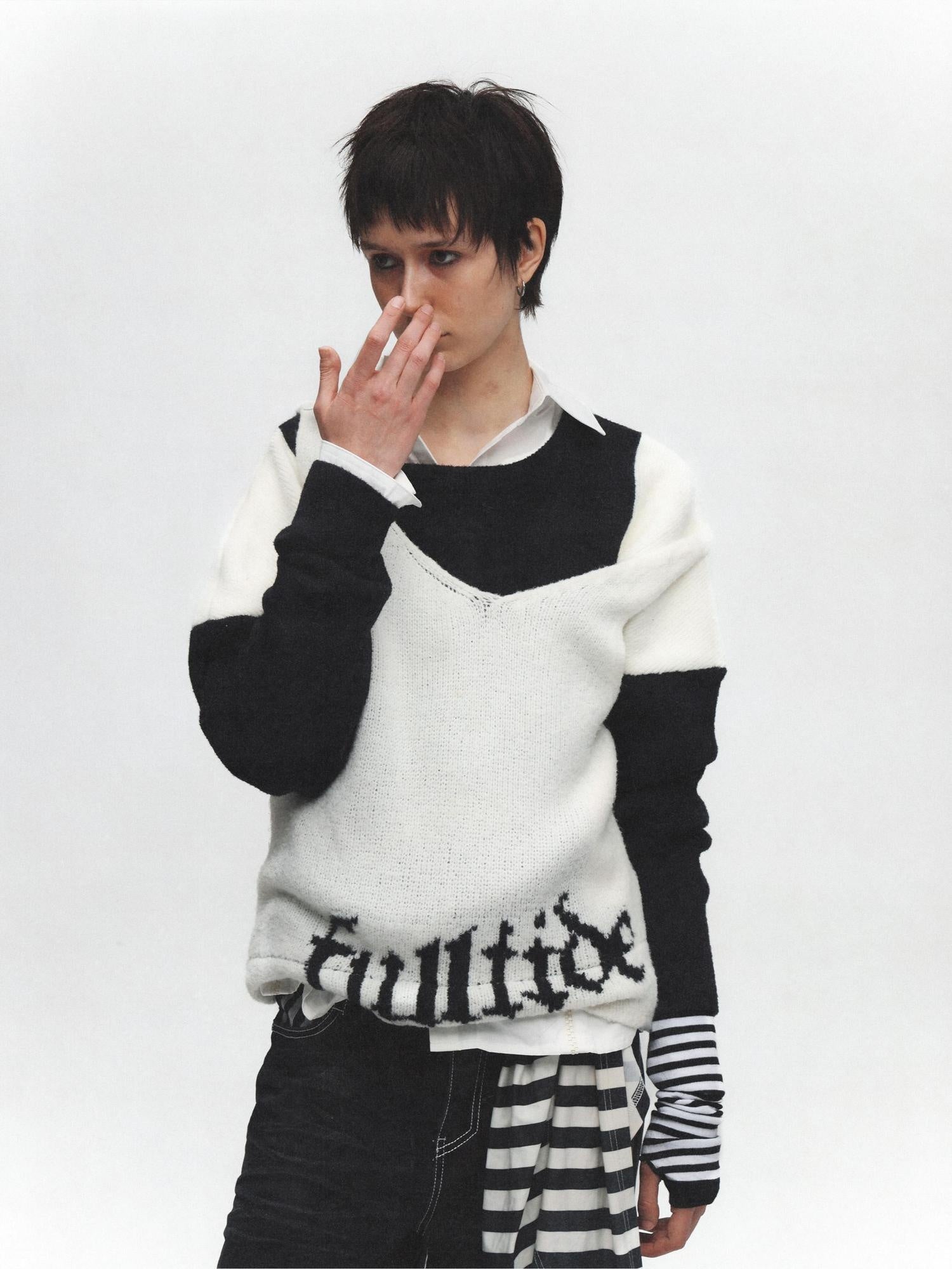 FULLTIDE Soft Wool V Neck Pullover Loose Commuter Style Women Black Classic Sweater