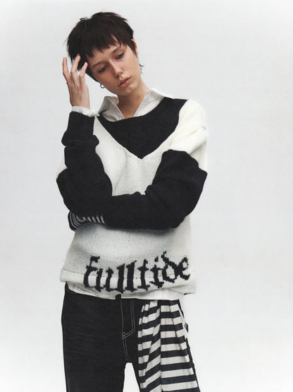 FULLTIDE Soft Wool V Neck Pullover Loose Commuter Style Women Black Classic Sweater