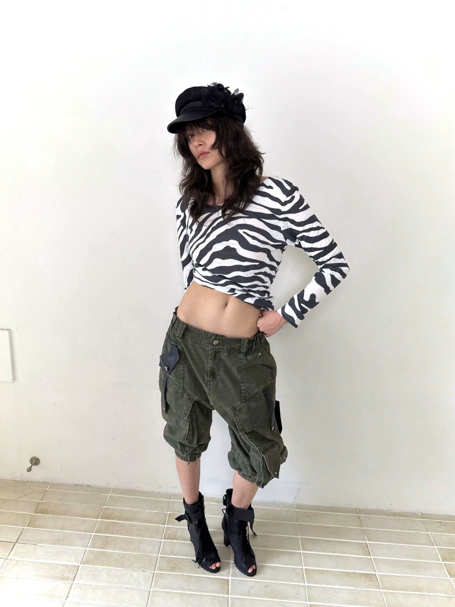 FULLTIDE Stretch Cotton Rayon Cargo Loose Natural Waist Zipper Pockets Women Pants