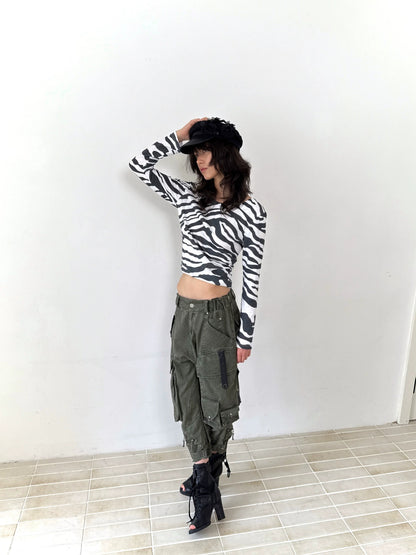 FULLTIDE Stretch Cotton Rayon Cargo Loose Natural Waist Zipper Pockets Women Pants