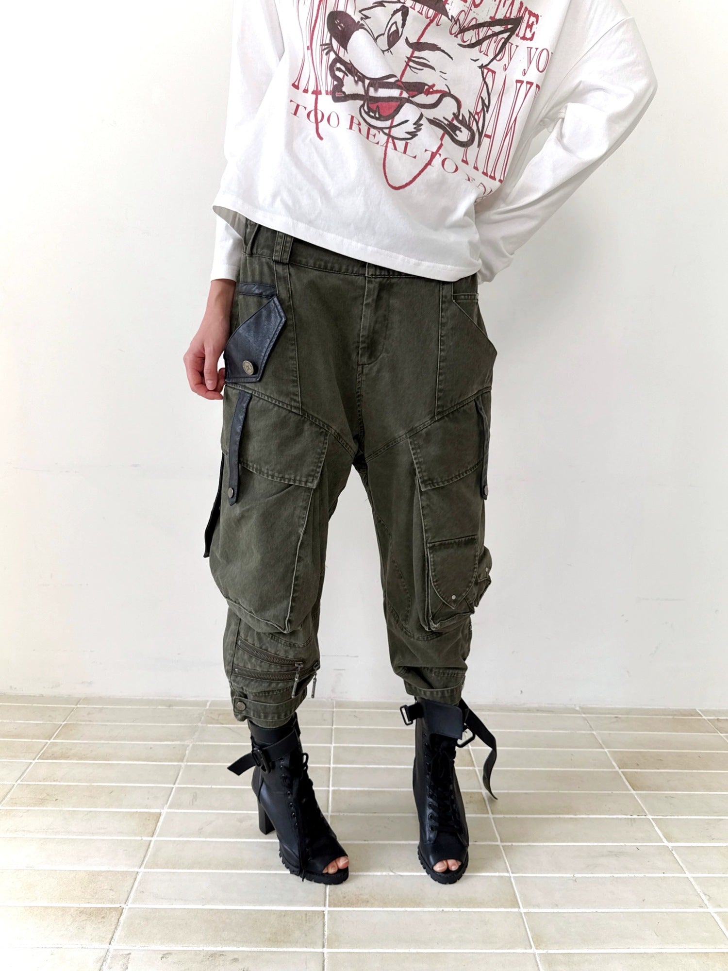 FULLTIDE Stretch Cotton Rayon Cargo Loose Natural Waist Zipper Pockets Women Pants