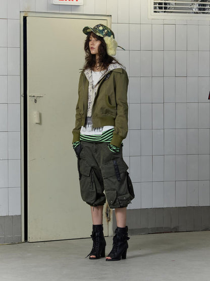 FULLTIDE Stretch Cotton Rayon Cargo Loose Natural Waist Zipper Pockets Women Pants