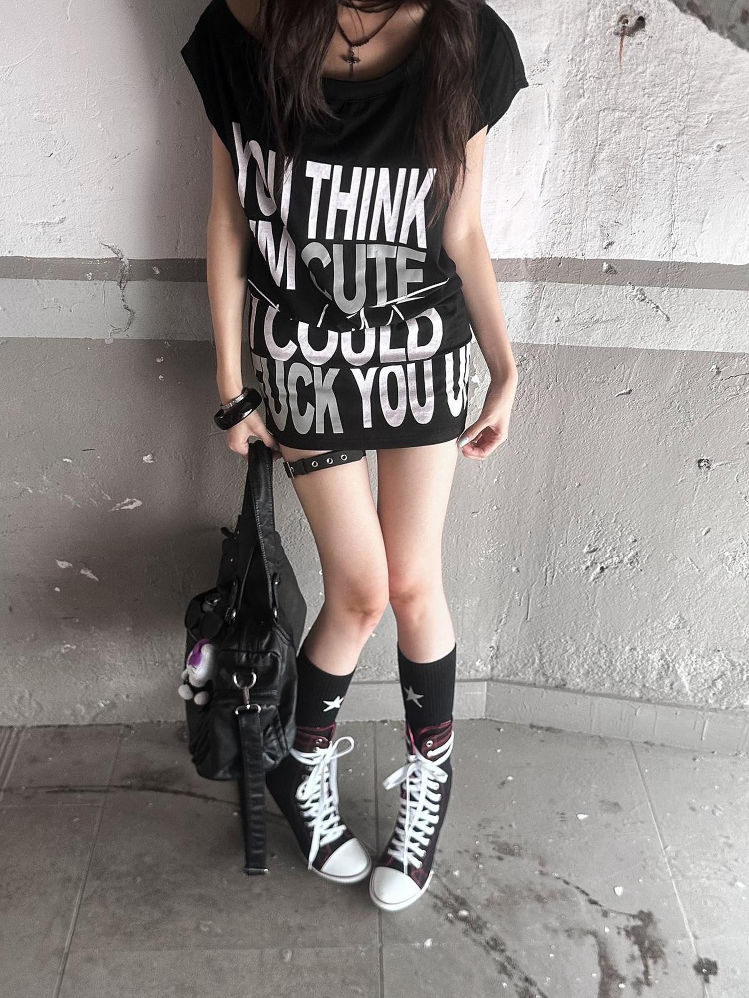 FULLTIDE Stretch Cotton Sleeveless Midlength Street Women Round Neck Black T-Shirt