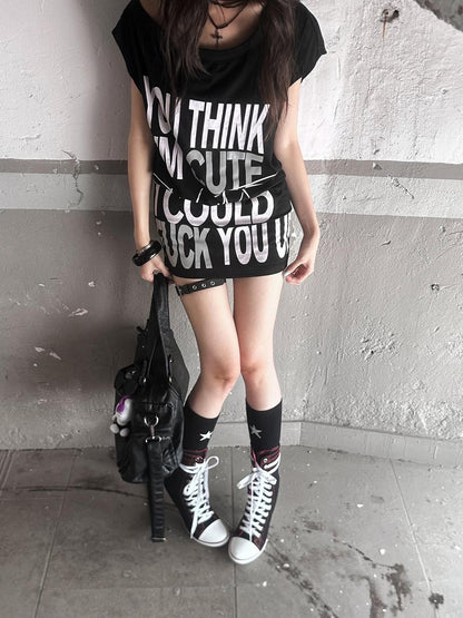 FULLTIDE Stretch Cotton Sleeveless Midlength Street Women Round Neck Black T-Shirt